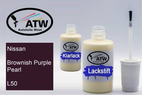 Nissan, Brownish Purple Pearl, L50: 20ml Lackstift + 20ml Klarlack - Set, von ATW Autoteile West.